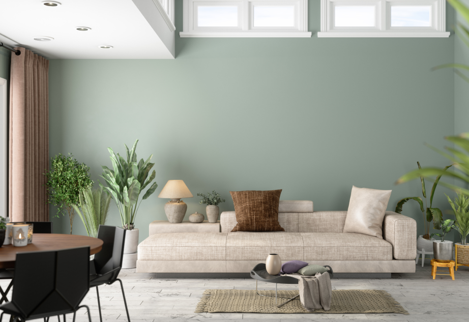 living room green background high ceiling