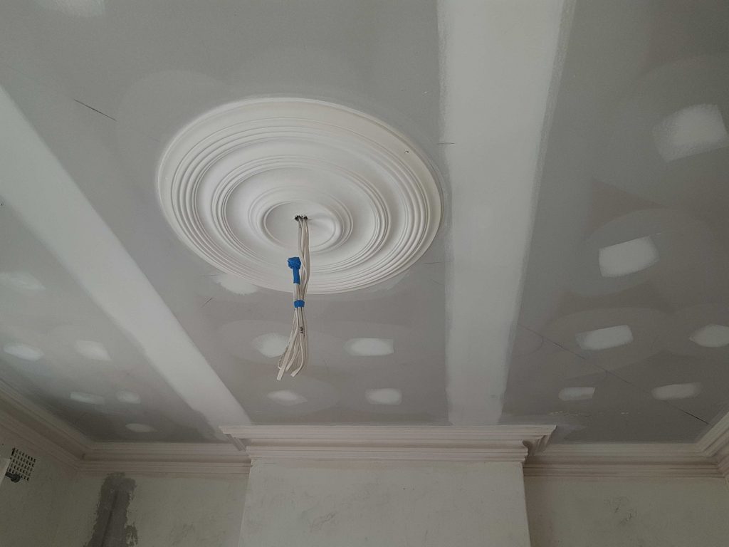 Large concentric plaster ceiling rose with ornate cornice in a Sydney period home