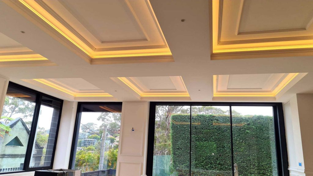 New coffered plaster ceiling panels with concealed lighting in a modern Sydney home