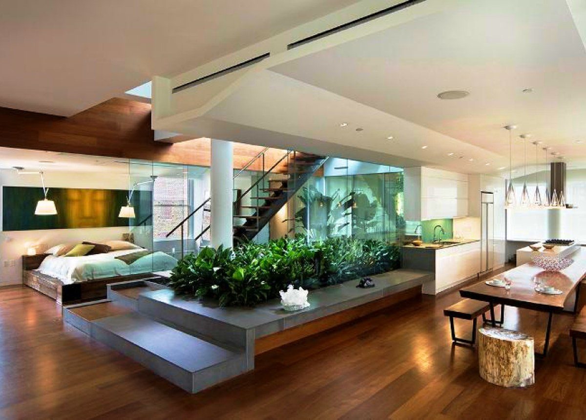 Open-plan living area with a plasterboard bulkhead ceiling