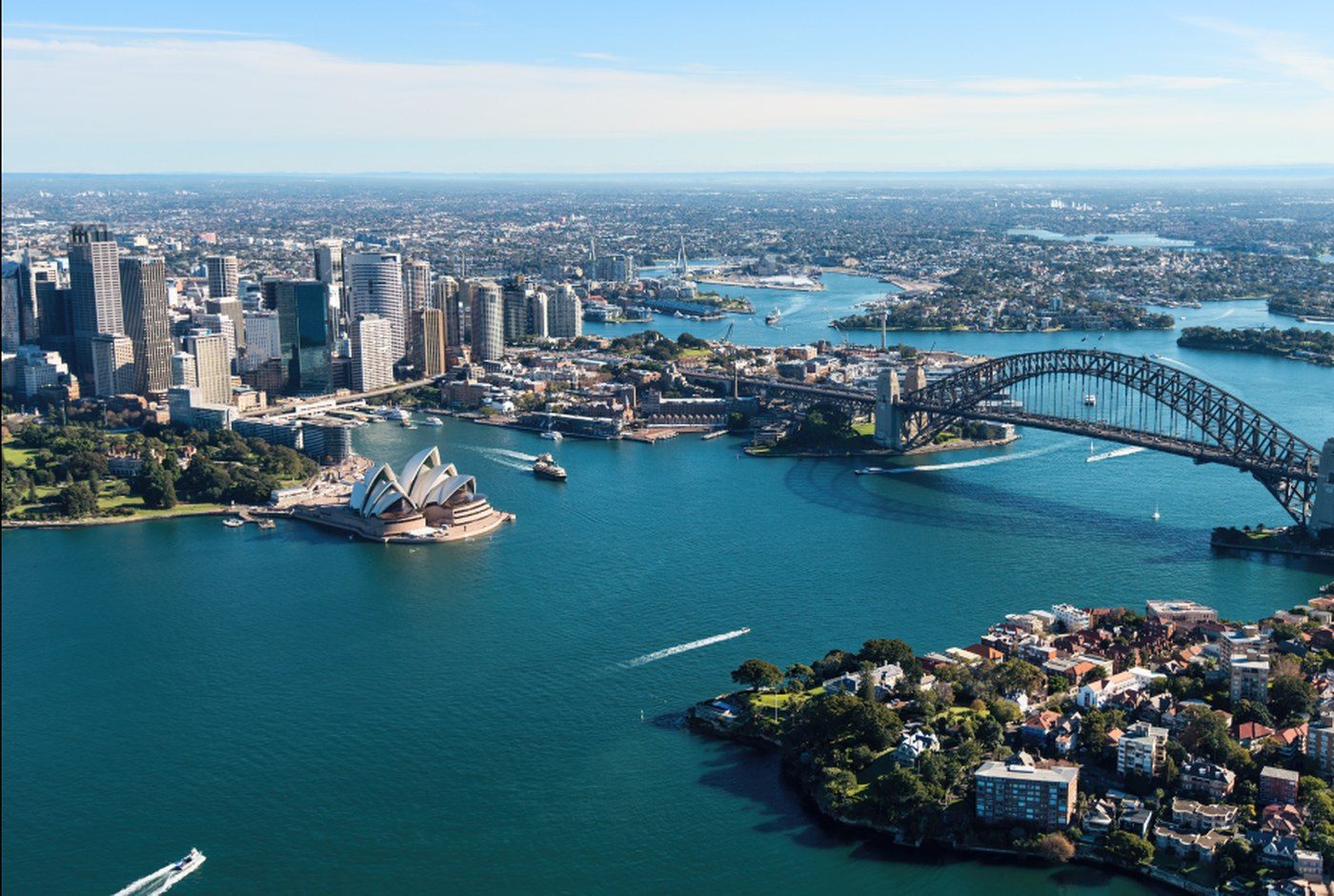 Aerial view of Sydney Harbour, the CBD and the Harbour Bridge