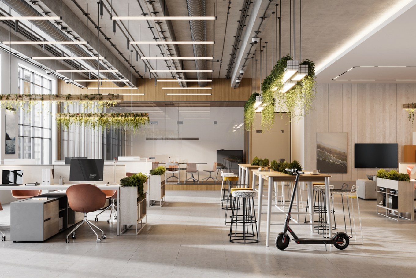 Open-plan office renovation with plasterboard walls and ceilings