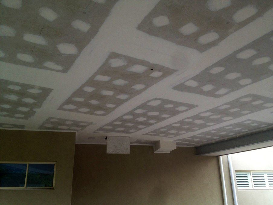 Gyprock ceiling with set joints and fixings before painting