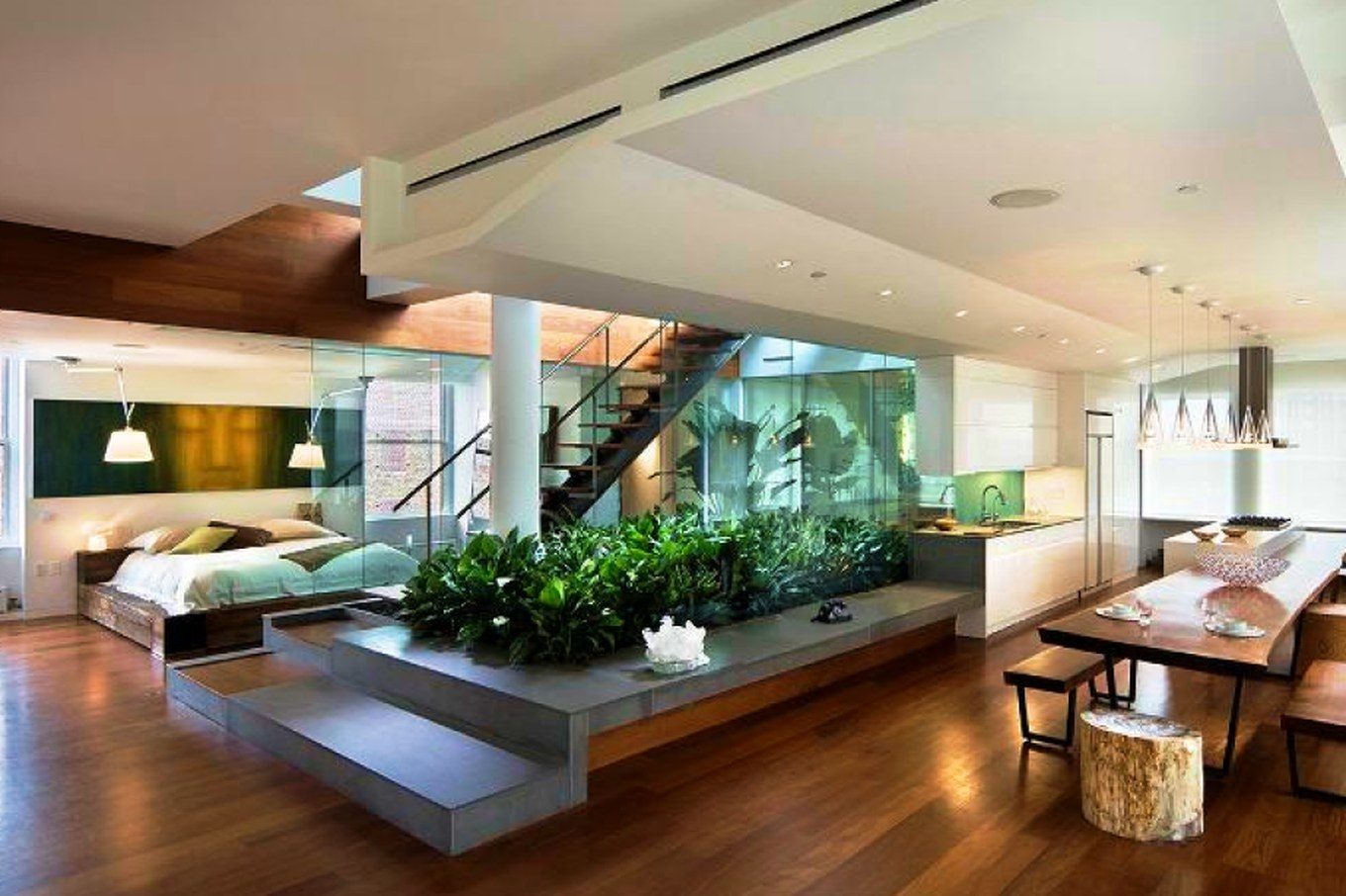 Open-plan living area with plasterboard ceilings and bulkheads