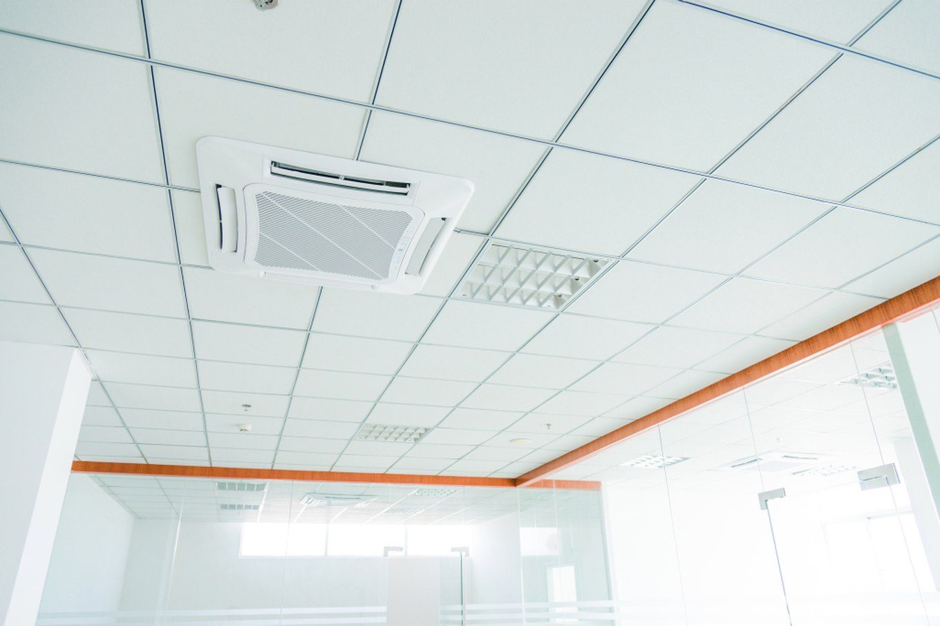 Suspended grid ceiling in a bright office